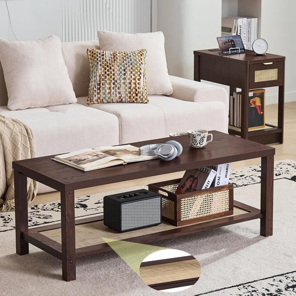 LEYAOYAO 47" Boho Modern Coffee Table with Bottom Open Shelf, Assembled Wood Center Table for Living Room, Walnut