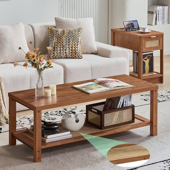 LEYAOYAO 47" Farmhouse Wood Coffee Table with Storage Shelf, Rattan Center Table for Living Room, Tea Brown