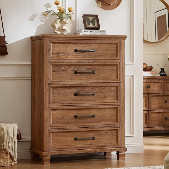 LEYAOYAO 5-Drawer Vertical Dresser, 46in Tall Freestanding Wooden Storage Chest with Large Capacity for Bedroom & Living Room, Brown