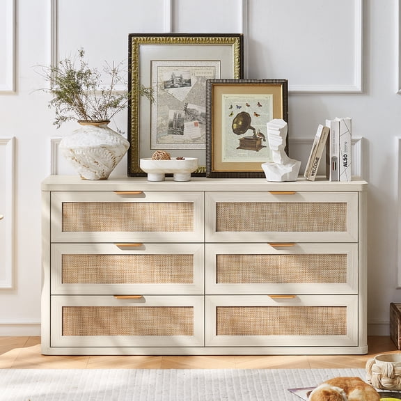 LEYAOYAO 54" Horizontal 6 Drawer Dresser, Bedroom Rattan Dresser, Boho Chest of Drawer for Living Room, Hallway, Grey White