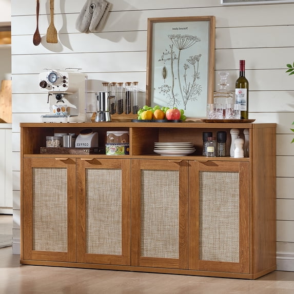 LEYAOYAO 55" Rattan Sideboard with Doors, Buffet Storage Cabinet with Adjustable Shelves, Modern Console Table for Kitchen, Living Room, Entryway