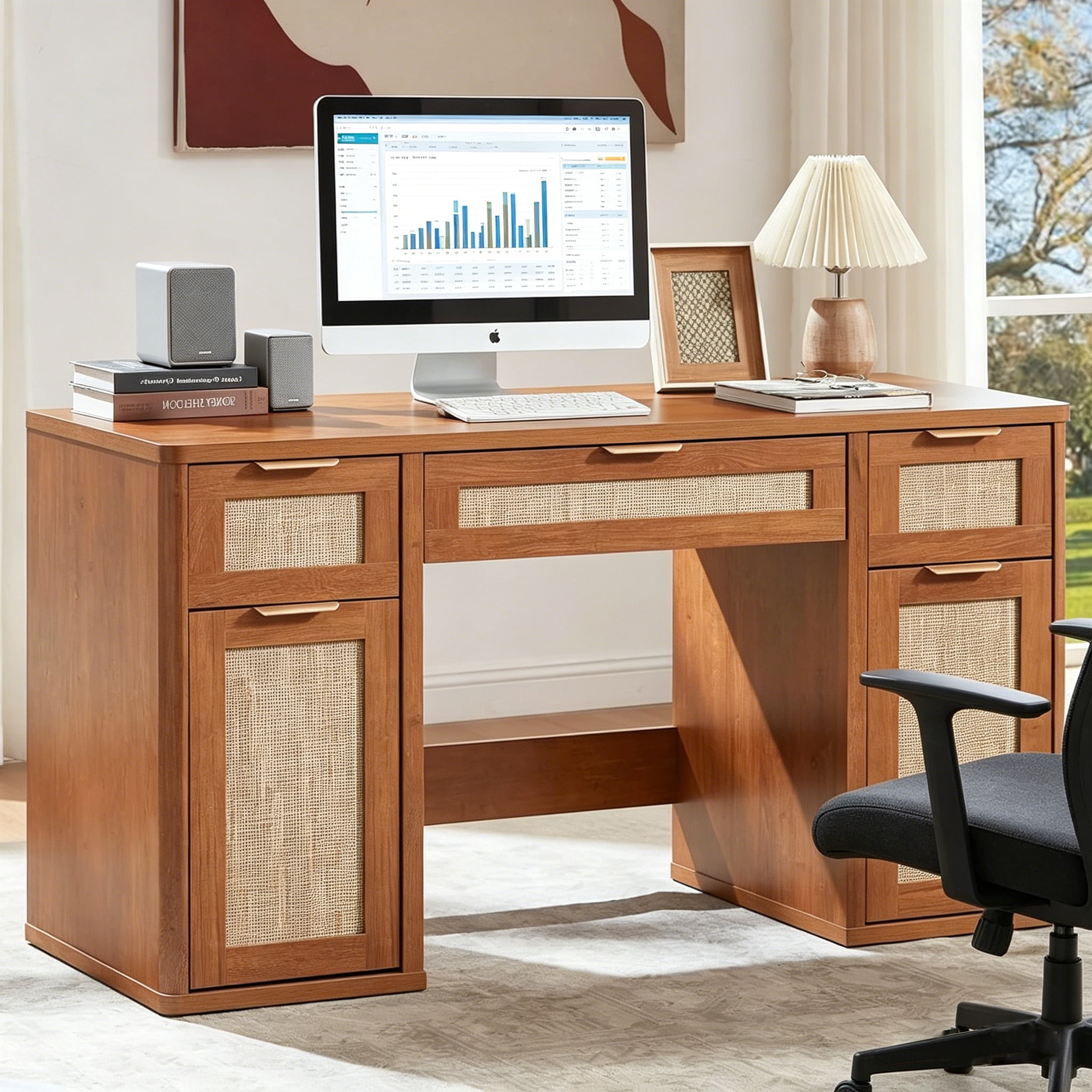 LEYAOYAO 56" Rattan Computer Desk with 3 Drawers & 2 Storage Cabinets, Boho Executive Desk, Modern Writing Desk for Home Office Bedroom, Tea Brown