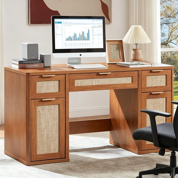 LEYAOYAO 56" Rattan Computer Desk with 3 Drawers & 2 Storage Cabinets, Boho Executive Desk, Modern Writing Desk for Home Office Bedroom, Tea Brown