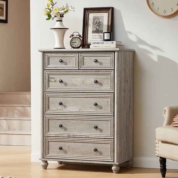 LEYAOYAO 6 Drawer Vertical Dresser for Bedroom, 43.5" Tall Wood Chest of Drawers Storage Cabinet for Living Room, Hallway, Gray