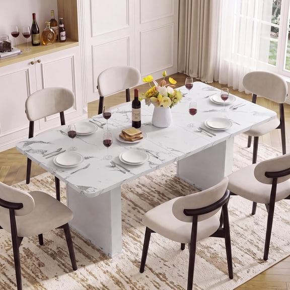 LEYAOYAO 63–79" Farmhouse Extendable Dining Table, Rectangular Wood Table for 4–6 with Fluted Base, Easy Assembly for Kitchen, Dining Room, White