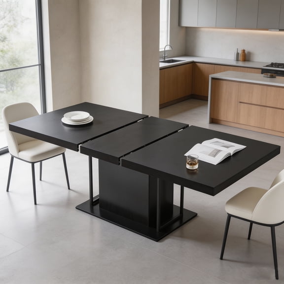 LEYAOYAO 63–79 inch Extendable Dining Table, Farmhouse Rectangular Dining Room Table for 4–8, Pedestal Base for Kitchen, Black