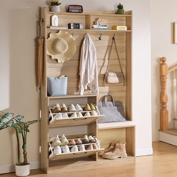 LEYAOYAO 78" Boho Hall Tree with Bench & Shoe Storage, 4-in-1 Mudroom Coat Rack, 2 Rattan Drawers, Cushioned Stool, 6 Hooks, Natural Oak