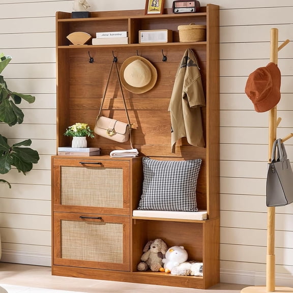 LEYAOYAO 78" Boho Hall Tree with Bench & Shoe Storage, 4-in-1 Mudroom Coat Rack, 2 Rattan Drawers, Cushioned Stool, 6 Hooks, Tea Brown