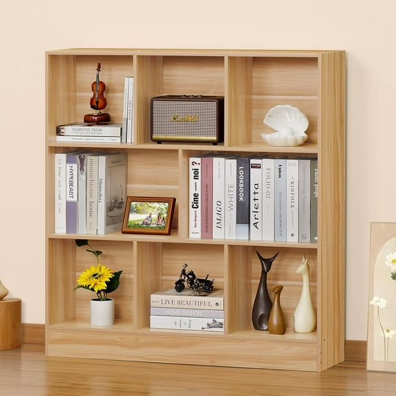 LEYAOYAO 8 Cube Bookshelf with Base,3Tier Mid-Century Modern Natural Bookcase,Standing Wide Bookshelves Storage Organizer Shelf,Rustic Wood Display Cabinet Book Shelves for Bedroom,Living Room,Office