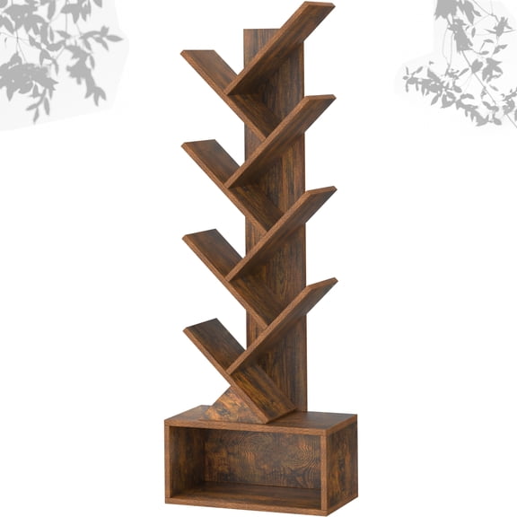 LEYAOYAO 8 Tier Bookshelf with Drawer, Tree Bookshelf, Small Bookshelves with Storage Rack for CDs/Movies/Books, Brown