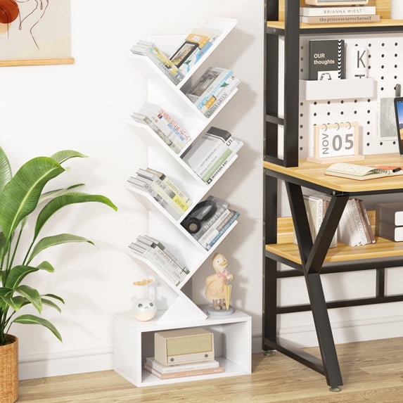 LEYAOYAO 8 Tier Bookshelf with Drawer, Tree Bookshelf, Small Bookshelves with Storage Rack for CDs/Movies/Books, White