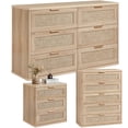 thumbnail image 1 of LEYAOYAO Boho Rattan Dresser Set of 3, 5 Drawer Dresser, 6 Drawer Chest and 3 Drawer Nightstand, Rustic Wood Bedroom Furniture, Natural Wood, 1 of 10