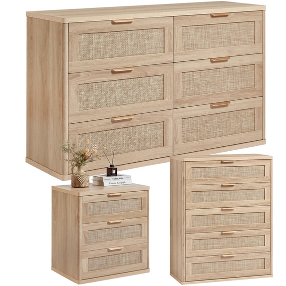 LEYAOYAO Boho Rattan Dresser Set of 3, 5 Drawer Dresser, 6 Drawer Chest and 3 Drawer Nightstand, Rustic Wood Bedroom Furniture, Natural Wood