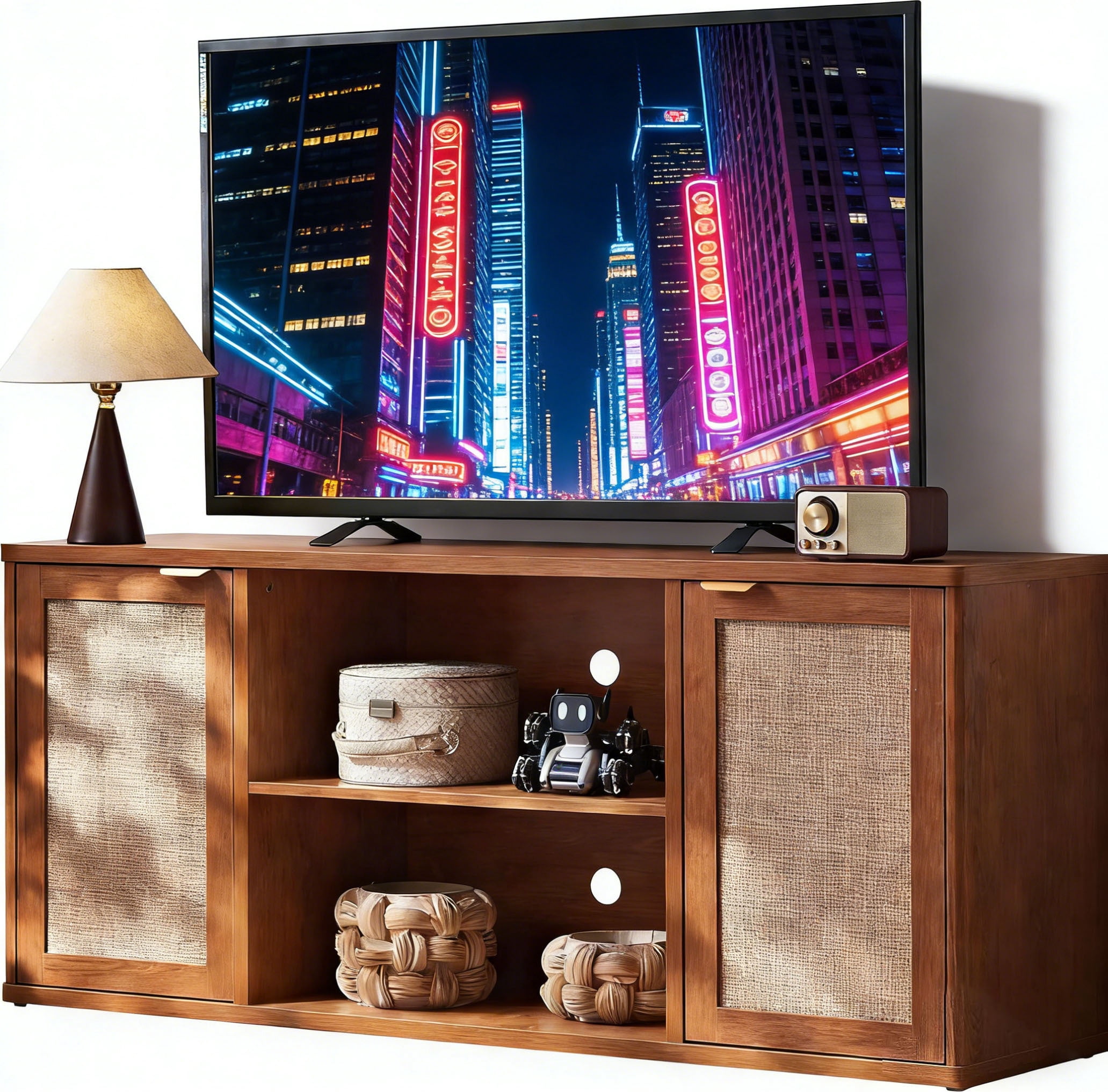 LEYAOYAO Boho Rattan TV Stand, Tea Brown Media Console with Open Shelf & Storage, Fits 50-65 Inch TV, Rustic Entertainment Center