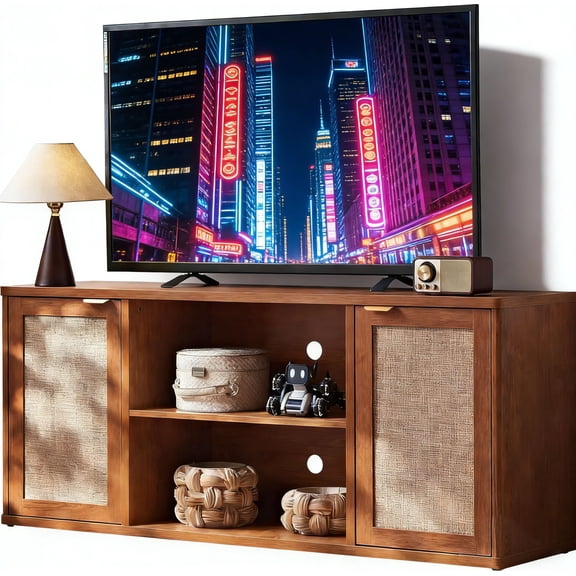 LEYAOYAO Boho Rattan TV Stand, Tea Brown Media Console with Open Shelf & Storage, Fits 50-65 Inch TV, Rustic Entertainment Center