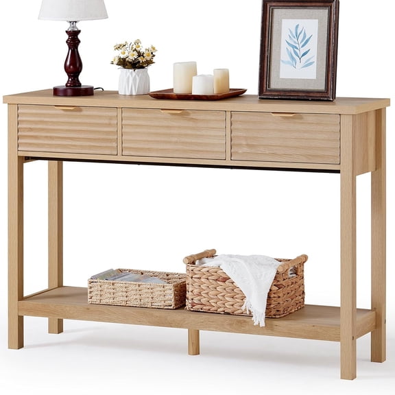 LEYAOYAO Console Table with 3 Drawers, Fluted Entryway Table with Storage Shelf, Narrow Display Shelf for Hallway, Natural Oak