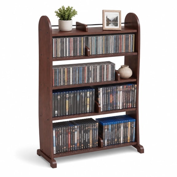 LEYAOYAO DVD Storage Cabinet, 5-Tier Media Shelf with Adjustable Dividers for CDs, Blu-Ray, Video Games, Books and Movie Collections, Walnut