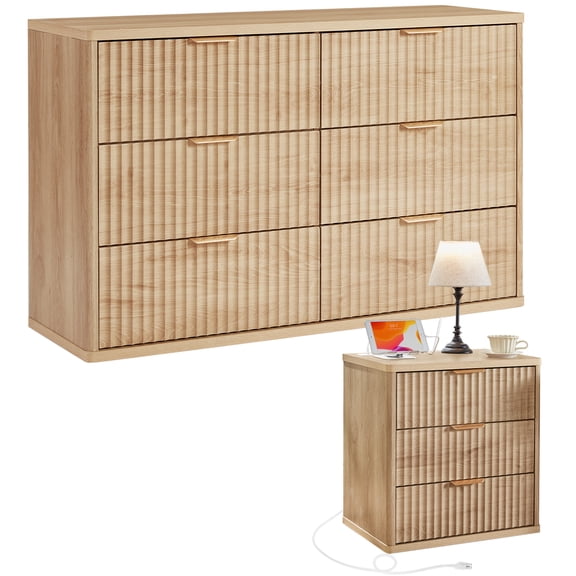 LEYAOYAO Dresser Set of 2, Includes 6 Drawer Dresser and 3 Drawer Nightstand, Fluted Wood Bedroom Storage Furniture