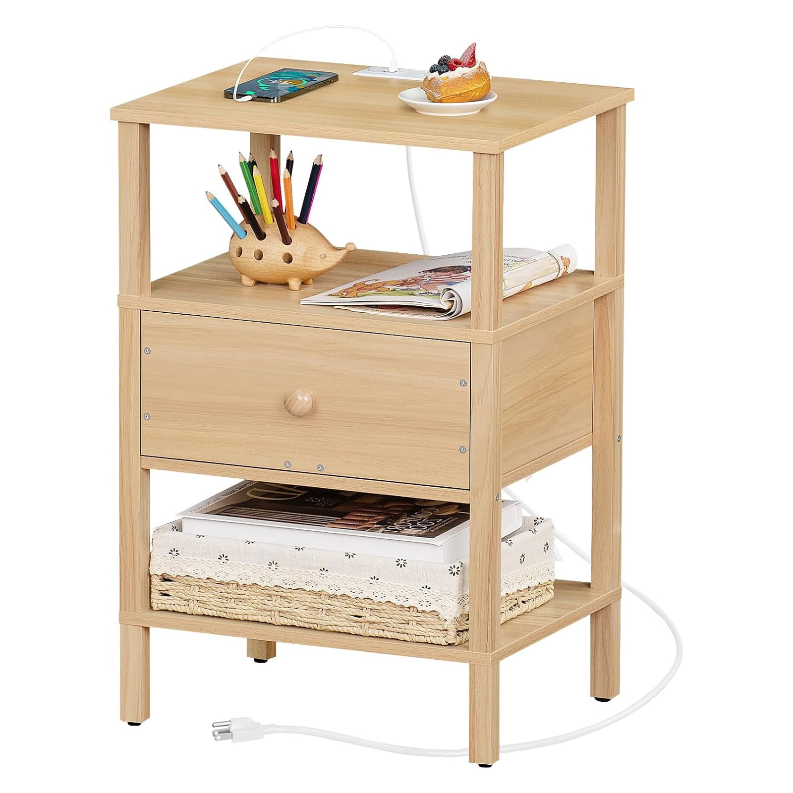 LEYAOYAO End Table with Charging Station, Wood Thin Side Table for Living Room Bedroom, Farmhouse Natural Oak