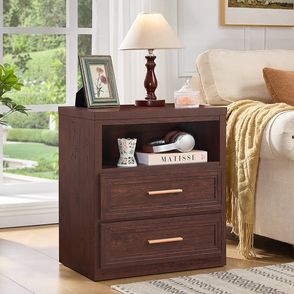 LEYAOYAO Farmhouse 24" Nightstand with 2 Drawers, Modern Farmhouse Bedside Table with Open Shelf for Bedroom, Walnut