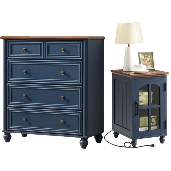 LEYAOYAO Farmhouse Dresser and Nightstand Set of 2, 5 Drawer Dresser and Narrow Side Table with Charging Station, Bedroom Furniture, Dark Blue