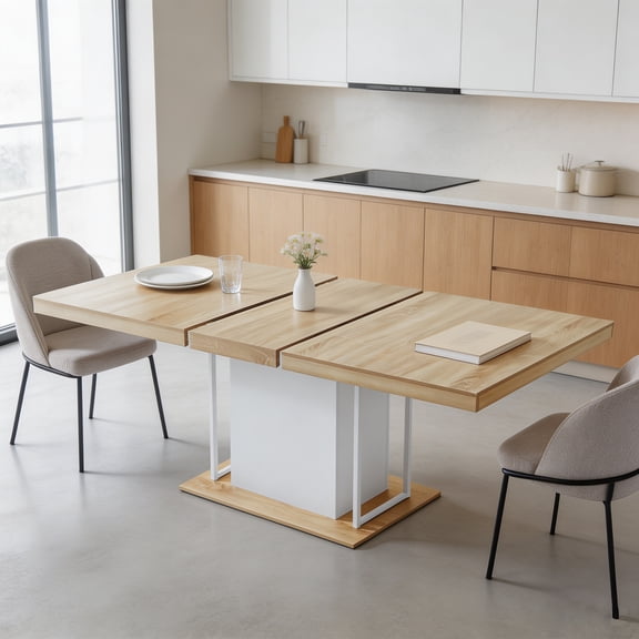 LEYAOYAO Farmhouse Extendable Dining Table, 63–79 inch Rectangular Dining Room Table for 4–8, Pedestal Base, Kitchen Furniture, Natural