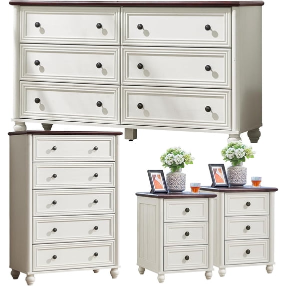 LEYAOYAO Farmhouse Roman Column 6-Drawer Dresser & Nightstand Set (4-Piece), White