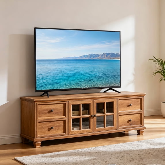 LEYAOYAO Farmhouse TV Stand for 70/75 Inch TV, Rustic Entertainment Center 2 Glass Door, 4 Storage Drawers, TV Console for Living Room, Brown