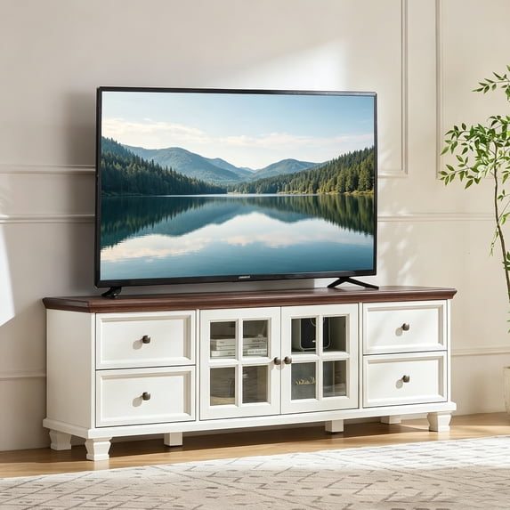 LEYAOYAO Farmhouse TV Stand with Storage, 4-Drawer Rustic White Entertainment Center Television Consoles for Living Room