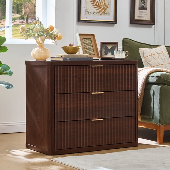 LEYAOYAO Fluted 3 Drawers Farmhouse Nightstand, Rustic Bedside Table with Drawers for Bedroom, Vintage End Table for Bedroom Living Room, Walnut