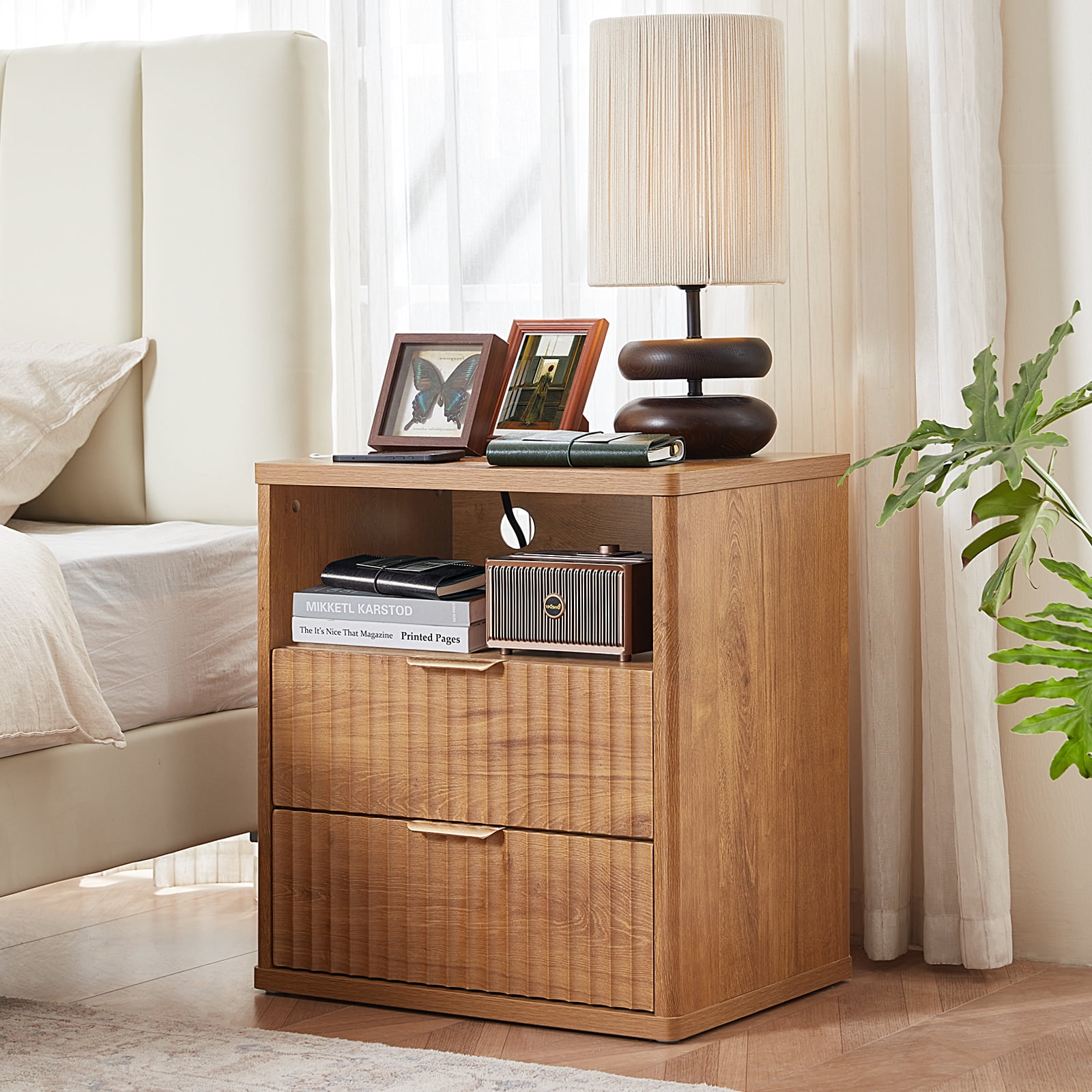 LEYAOYAO Fluted Nightstand with Charging Station, Modern End Table with with Open Shelf and 2 Storage Drawers for Bedroom, Brown
