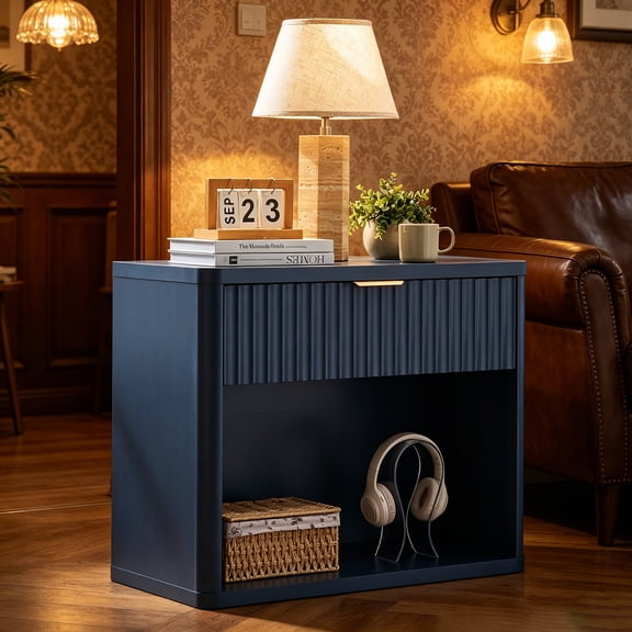 LEYAOYAO Fluted Nightstand with Drawer, Mid Century Modern Bedside Table with Open Storage Shelf for Bedroom, Living Room, Office, Blue