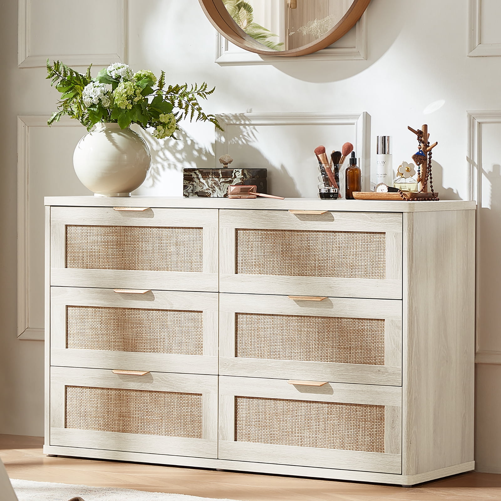 LEYAOYAO Horizontal 6 Drawer Dresser, Bedroom Rattan Dresser, Boho