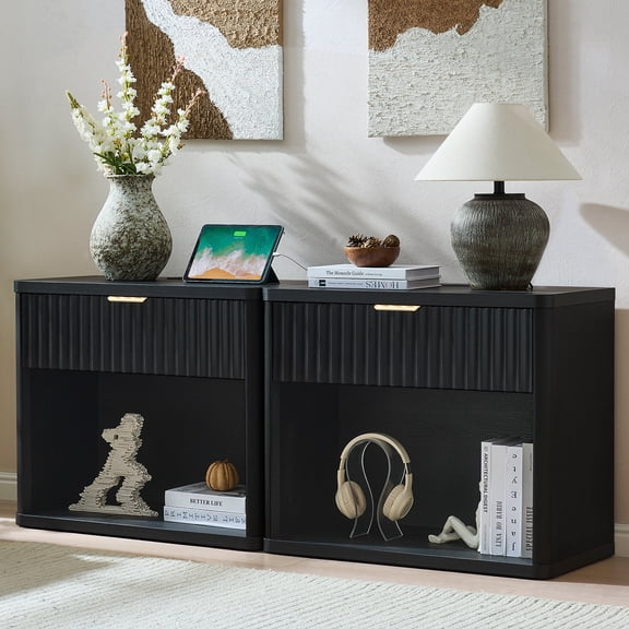 LEYAOYAO Mid Century Modern Nightstand Set of 2, Fluted Bed Side Table End Table with Drawer Storage, Living Room, Bedroom, Black