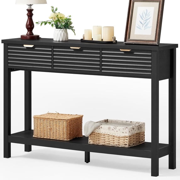 LEYAOYAO Modern Fluted Console Table, Narrow Long Behind Couch Sofa Entryway Table with 3 Drawers & 1-Tier Open Shelf, Black