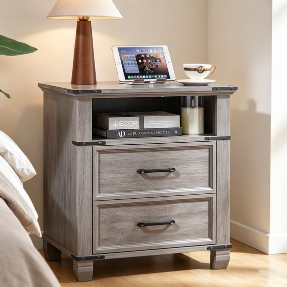 LEYAOYAO Modern Nightstand with 2 Drawers Wooden End Table, Farmhouse Night Stand Bedside Side Table with Storage Open Shelf, Grey