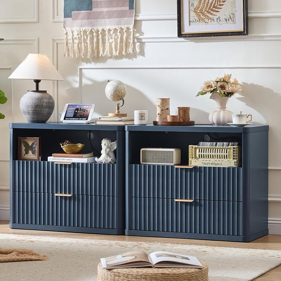 LEYAOYAO Modern Nightstand with Charging Station Set 2, Mid-Century Wood End Table Side Table for Living Room, Bedroom, Fluted Panel, Blue
