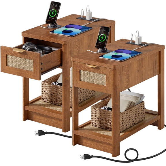 LEYAOYAO Narrow Side Table with Charging Station Set of 2, 24" Rattan Nightstand with Drawer Storage, Brown Bedside End Table for Small Spaces
