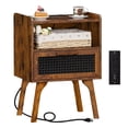 thumbnail image 1 of LEYAOYAO Nightstand with USB Ports, Woven Rattan Bedside Table with 1 Drawer and Lift-Up Legs, for Boho Bedroom, Brown, 1 of 5