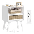 thumbnail image 1 of LEYAOYAO Nightstand with USB Ports, Woven Rattan Bedside Table with 1 Drawer and Lift-Up Legs, for Boho Bedroom, White New, 1 of 7