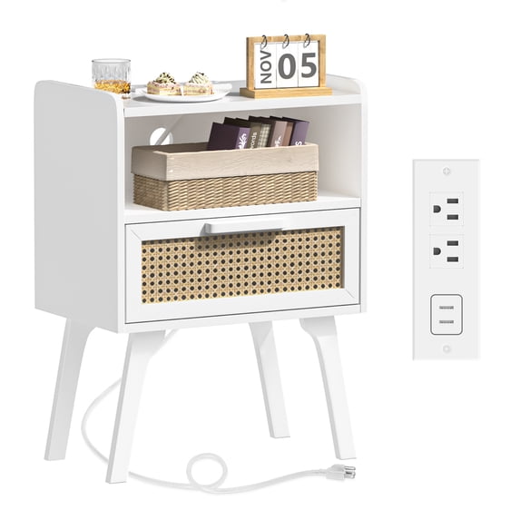 LEYAOYAO Nightstand with USB Ports, Woven Rattan Bedside Table with 1 Drawer and Lift-Up Legs, for Boho Bedroom, White New