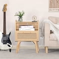 thumbnail image 1 of LEYAOYAO Nightstand with USB Ports, Woven Rattan Bedside Table with 1 Drawer and Lift-Up Legs, for Boho Bedroom, Wood, 1 of 6