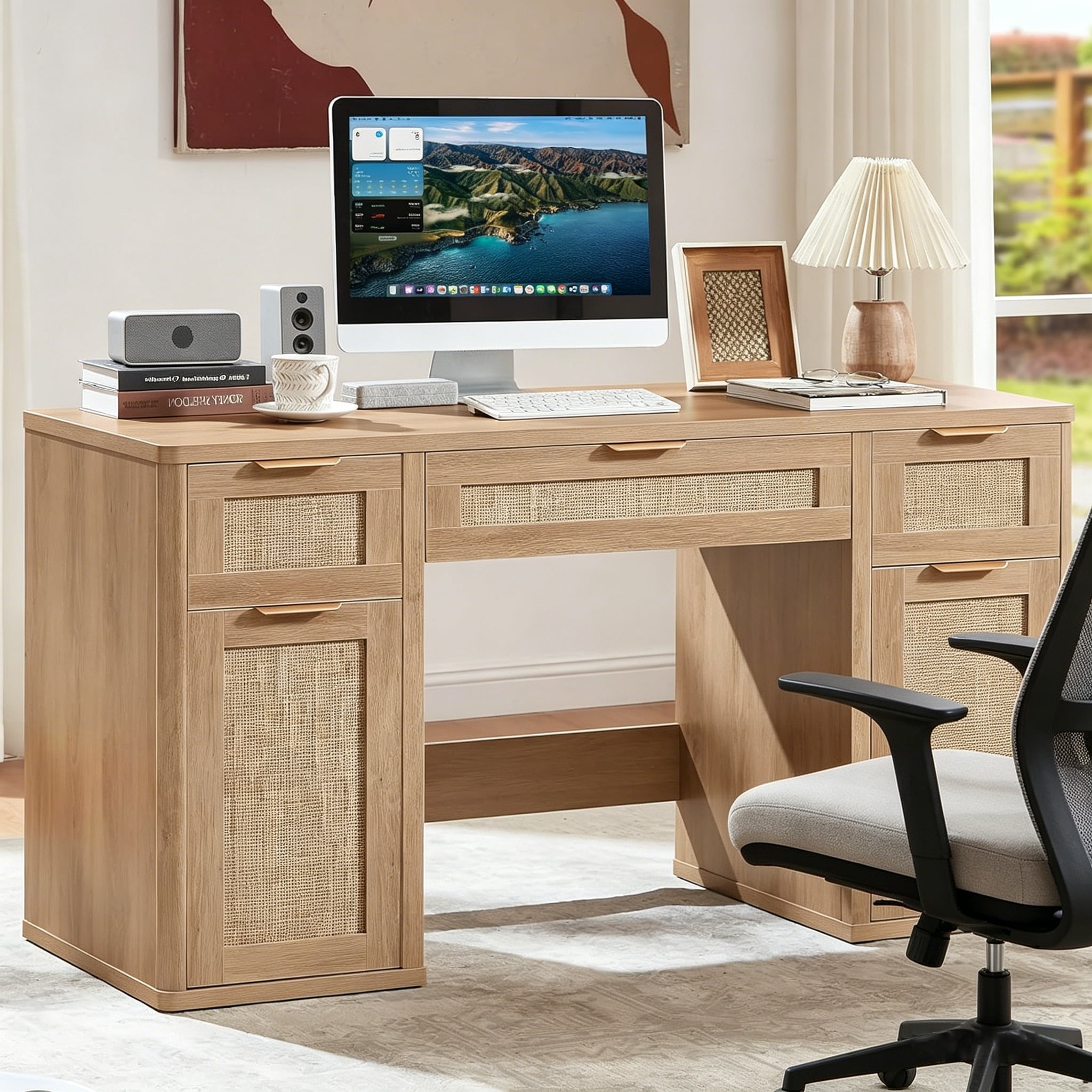 LEYAOYAO Office Desk 56" with 5 Drawers Storage File Cabinet Rattan Wood Desk for Computer Office Bedroom Home Furniture Natural Oak