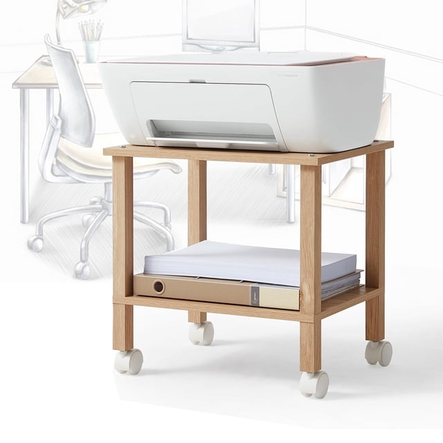 Leyaoyao Printer Stand, 2 Tier Rolling Printer Cart with Wheels, Under Desk Printer Stand for Office, Home, Natural Oak