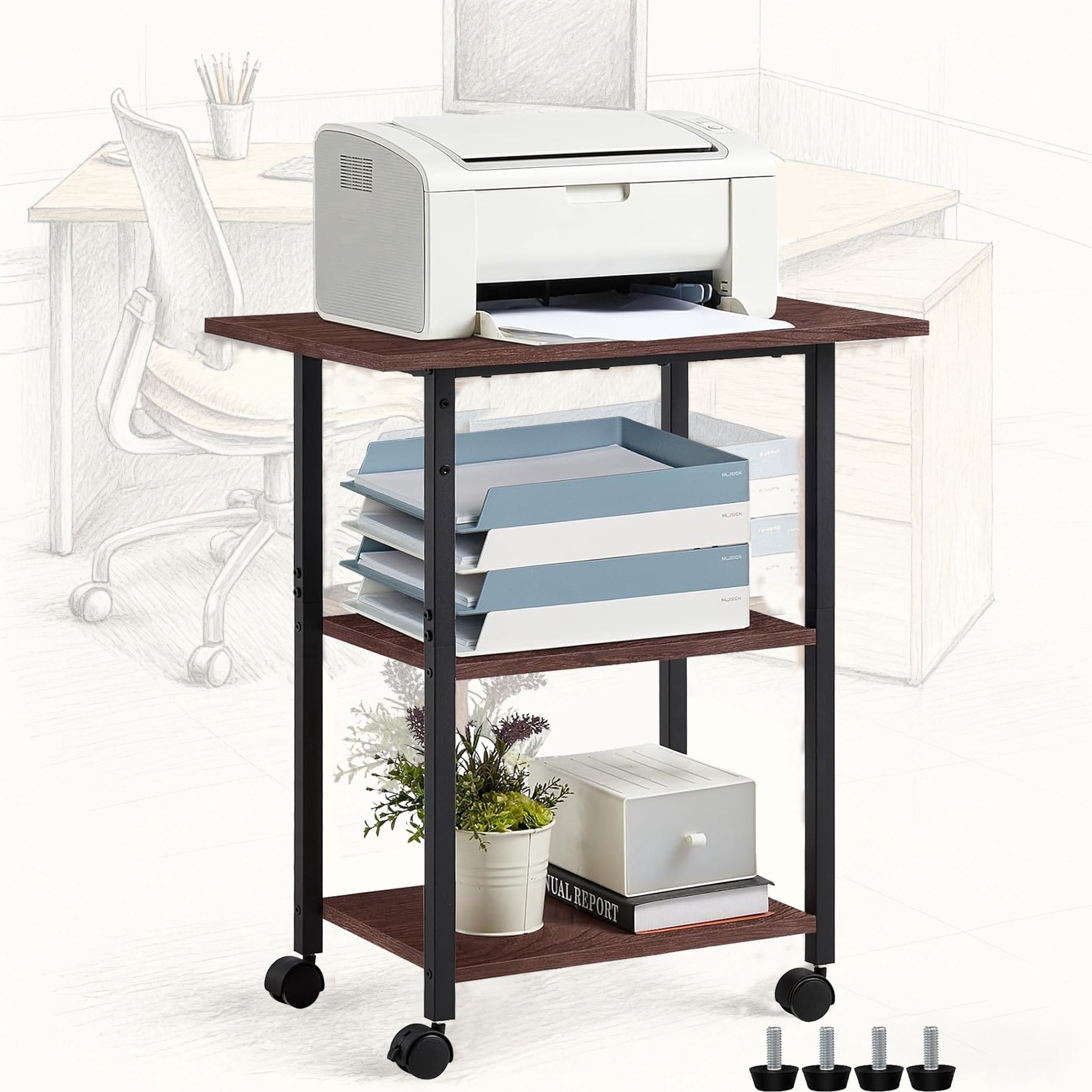 Leyaoyao Printer Stand, 3 Tier Mobile Printer Table with Locking Wheels ...