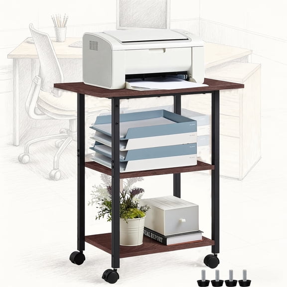 Leyaoyao Printer Stand, 3 Tier Mobile Printer Table with Locking Wheels & Adjust feet, Heavy Duty Printer Shelf Printer Cart for Under Desk, Home, Office, Walnut
