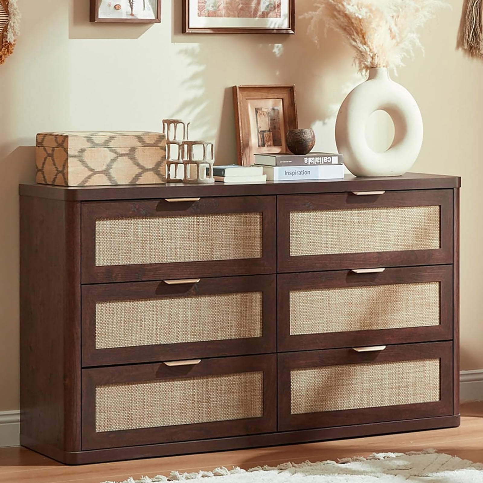 brown boho dresser LEYAOYAO Rattan 6-Drawer Dresser, 48