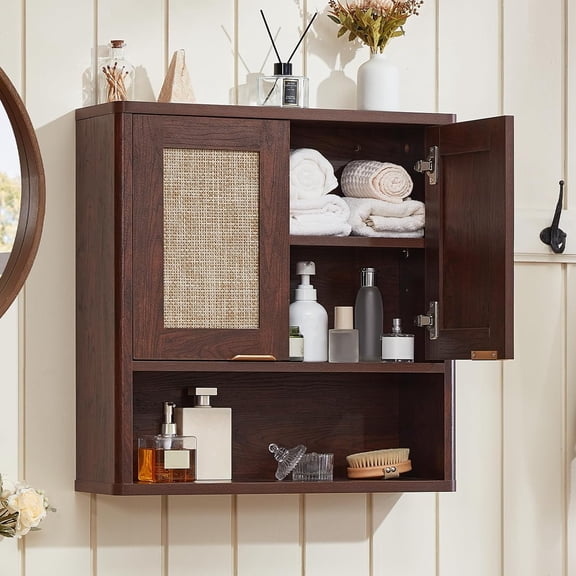 LEYAOYAO Rattan Bathroom Wall Cabinet, Boho Medicine Cabinet with Adjustable Shelf & Doors, Over The Toilet Storage Cabinets Organizer for Laundry Room, Kitchen, Living Room, Walnut