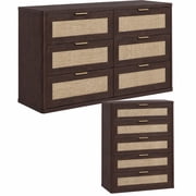 LEYAOYAO Rattan Bedroom Furniture Set of 2, 48" Wide 6 Drawer Dresser and 5 Drawer Vertical Chest, Boho Storage for Bedroom and Living Room, Walnut