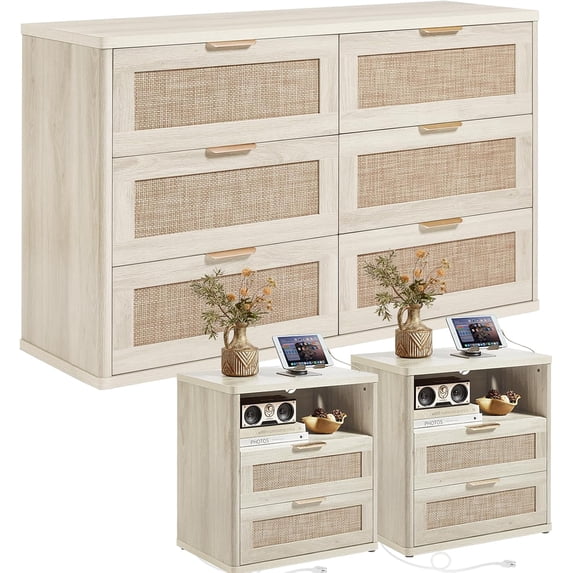LEYAOYAO Rattan Dresser & Nightstand Set of 3, Boho Wood 6-Drawer Dresser & 2-Drawer Nightstand with USB Ports for Bedroom, Living Room, Natural Oak